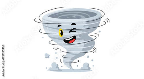 Whimsical cartoon tornado with a friendly winking face and a big smile spinning in the air with dust clouds below.