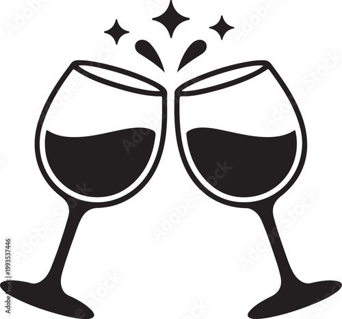 Two wine glasses clinking together with sparkling droplets above them
