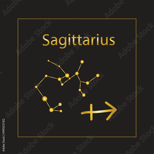 Sagittarius Zodiac Sign and Constellation - Golden Minimalist Astrology Symbol on Black Background. Celestial Horoscope Illustration for November and December Birthdays with Elegant Gold Frame. 