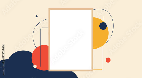 Creative abstract background featuring a white rectangular frame with colorful geometric shapes and curved lines.