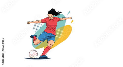 Determined female athlete in a red jersey kicking a soccer ball against an abstract colorful graphic background.