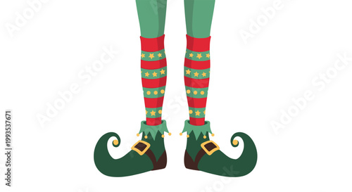 Close up view of festive elf legs wearing striped stockings and green curly shoes with bells for Christmas themes.