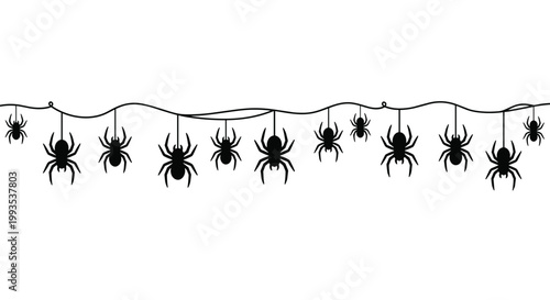 Horizontal border design featuring various black spider silhouettes hanging from thin web lines for Halloween decor.