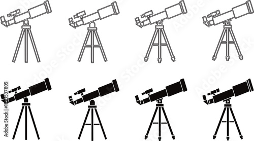 Nine black and white line art illustrations of refracting telescopes on tripods arranged in a grid pattern