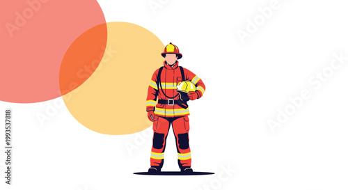 Brave firefighter standing proudly in protective gear while holding his helmet against an abstract sunset background.