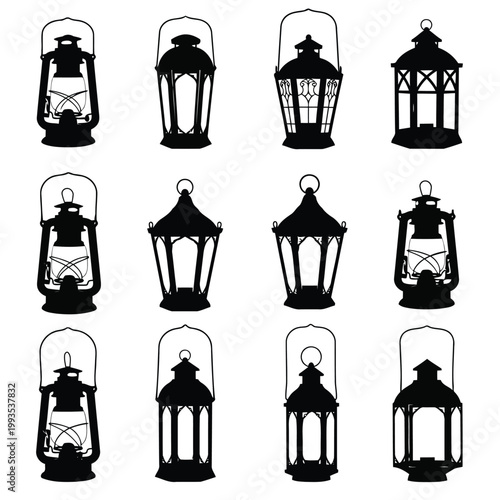 Historical and vintage lantern designs in black and white silhouette style Vector