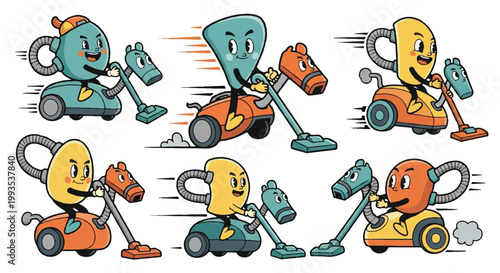 Cartoon vacuum cleaners racing on white background
