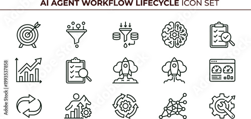 AI agent workflow lifecycle outline icon set automation analytics monitoring optimization execution planning interface vector collection toolkit