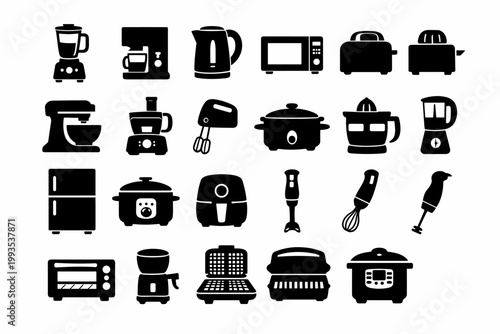 Kitchen Appliance Silhouette Icons Set, Collection of Modern Household Electronics for Cooking and Food Preparation, Blender, Coffee Maker, Microwave, Toaster, Mixer, Air Fryer, Refrigerator, Oven