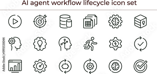 AI agent workflow lifecycle outline icon set automation execution monitoring optimization analytics interface vector collection toolkit