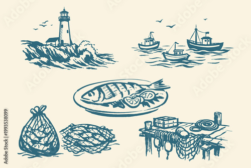 Fishing set vintage ink sketch vector illustration