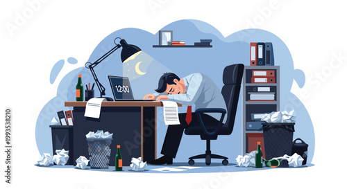 Tired employee sleeping on his desk in a messy office at midnight with stacks of paper and a glowing desk lamp.