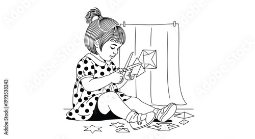 Creative little girl sitting on the floor while carefully cutting out paper star shapes using a pair of scissors.
