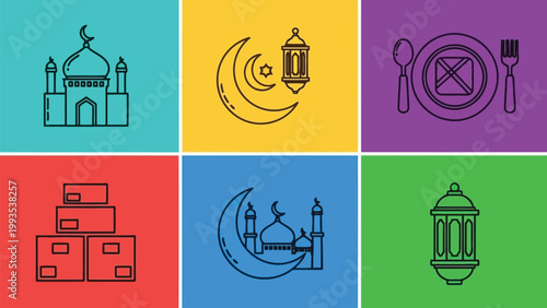 Illustrations representing diverse aspects of islamic culture and traditions Vector