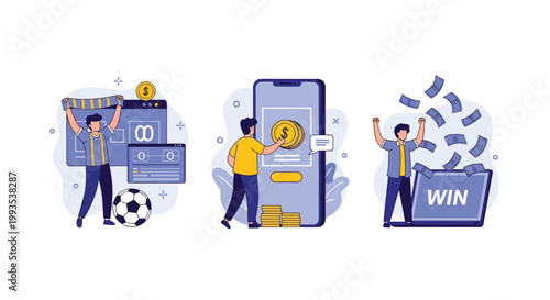 Set of illustrations showing sports fans betting on soccer matches using mobile apps and winning cash prizes.