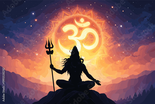 Maha Shivratri Poster with Lord Shiva Silhouette Meditating on Mountain, Glowing Celestial Om Symbol, Trishula Trident, Spiritual Hindu Cosmic Background, Yoga Meditation Vector Illustration.