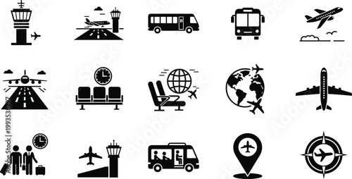 Airport and aviation icon set including airplane runway bus terminal travel and navigation symbols