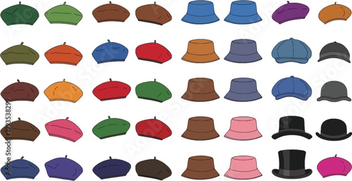 Cuadro en lienzo Hat Collection Icon Set with Beret Bucket Hat Cap and Formal Headwear Illustrati