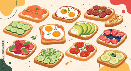 Wide variety of delicious open faced toasts topped with healthy ingredients like avocado eggs and fresh berries.