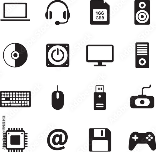 Collection of iconic computer and technology accessories and components