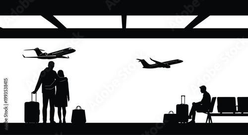 Airport passengers with luggage watching airplanes departure and arrival silhouette travel waiting area scene