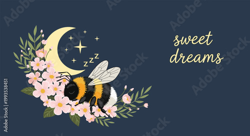 Sleepy bumblebee resting on pink flowers under a crescent moon with sweet dreams text for a peaceful bedtime scene.