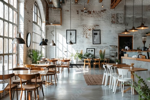 A stylish and modern cafeteria with exposed brick walls, large windows, and wooden furniture
