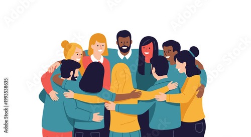 Large group of diverse people from different cultures standing together in a tight circle and hugging each other.