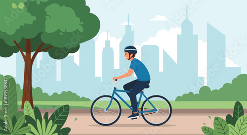 Man wearing a helmet riding his bicycle along a path in a green park with a modern city skyline in the background.