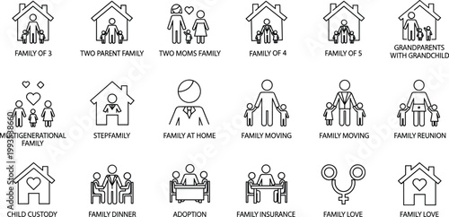 Family icons collection diverse households parenting relationships home care line vector illustration set
