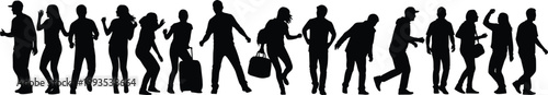 Dynamic crowd silhouettes, people walking dancing posing urban lifestyle movement illustration isolated black figures set