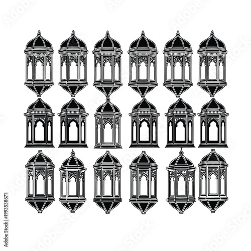 Elegant ornate lanterns arranged in a grid pattern showcasing intricate designs. Vector