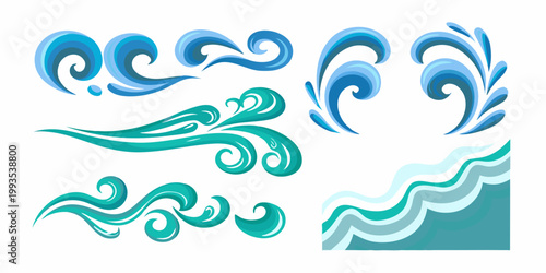 Stylized water splashes and waves in shades of blue and teal
