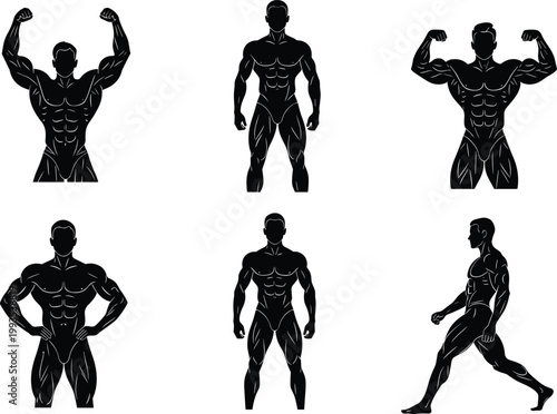 Muscular male silhouette set bodybuilding poses fitness strength anatomy athletic physique isolated vector illustration