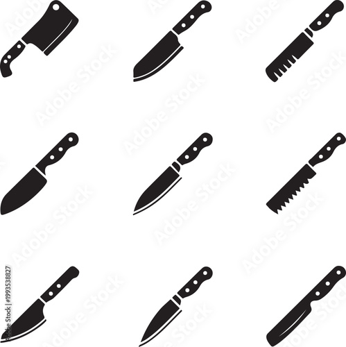 Assorted kitchen knives and cutting tools in black and white illustration
