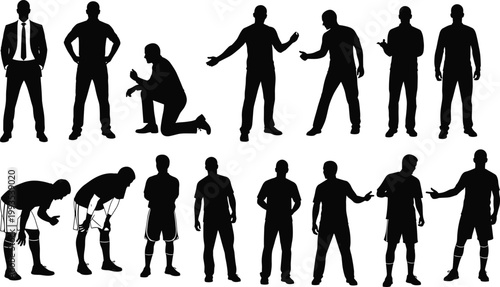 silhouette, men, collection, poses, business, casual, sport, figures, black, isolated, people, diverse, human, set, lifestyle