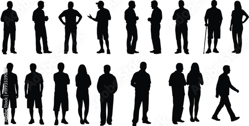 silhouette, people, standing, men, women, collection, black, isolated, figures, poses, casual, diverse, set, human, lifestyle