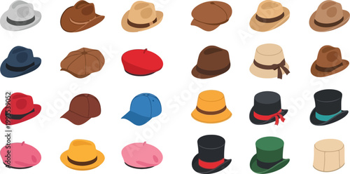 Hat Icon Collection with Fedora Beret Cap Bucket and Formal Headwear Styles for Fashion Design, Outfit Styling, Retail Catalog, Costume Illustration, and Apparel Accessories