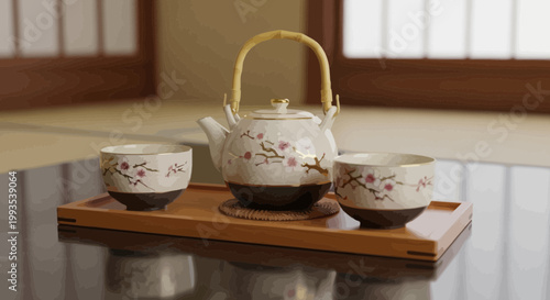 Tableau sur toile Japanese tea set featuring a teapot and two cups with cherry blossom design on a