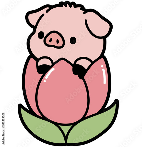 Cute Kawaii Pig in Flower Clipart for Stickers, Nursery Decor, Cricut Designs