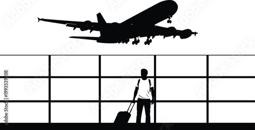 Traveler silhouette airport window airplane takeoff travel journey aviation passenger departure terminal concept
