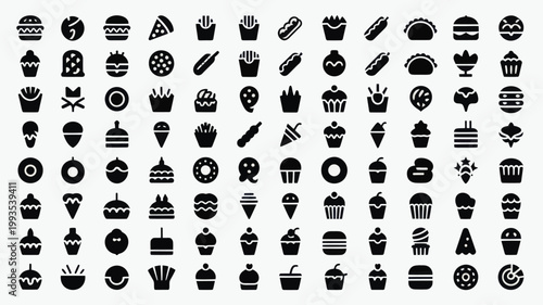 Set of 100 Black Food and Drink Icons Vector