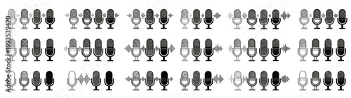 Flat Vector Illustration Icon Set Collection Isolated on White: Professional Microphone Symbols with Recording Settings and Directional Signal Patterns for Podcast Studio App Interface Design