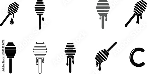 Set of honey dipper icons dripping honey stick silhouettes sweet food vector illustration collection isolated