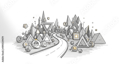 Abstract geometric city landscape with road and gift box.