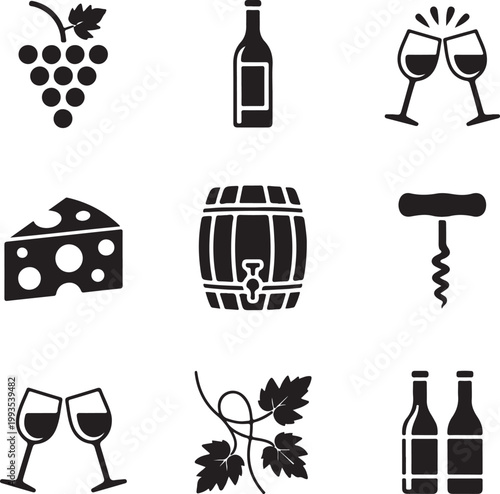 Iconic symbols representing the wine and cheese culture and making process