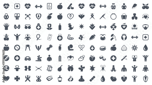 Set of 100 Dark Gray Health and Wellness Icons Vector