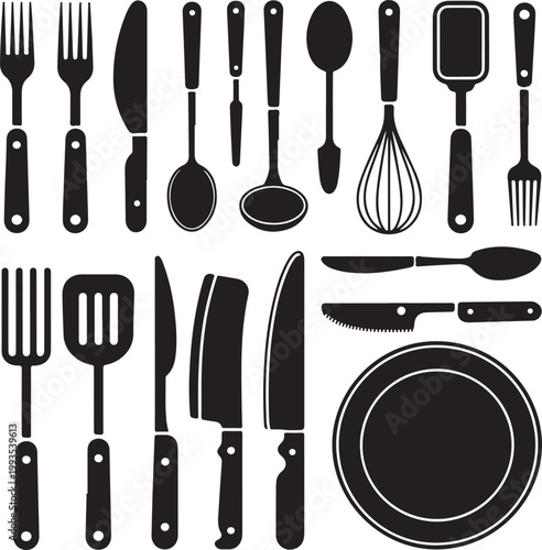 Comprehensive collection of black and white kitchen utensils and cookware
