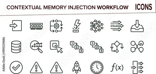 Contextual memory injection workflow outline icon set data integration processing routing analytics interface vector collection toolkit