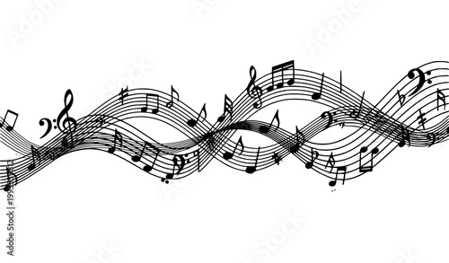 Artistic Musical Staff Wave with Notes and Clefs Black White Vector Design